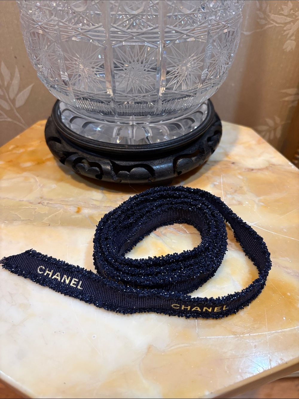 CHANEL Navy Blue Ribbon Trim with Gold Logo